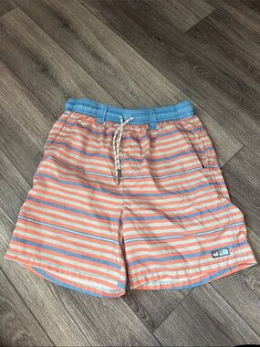 Southern Marsh Kids Swim Trunks Coral and Light Blue Stripes